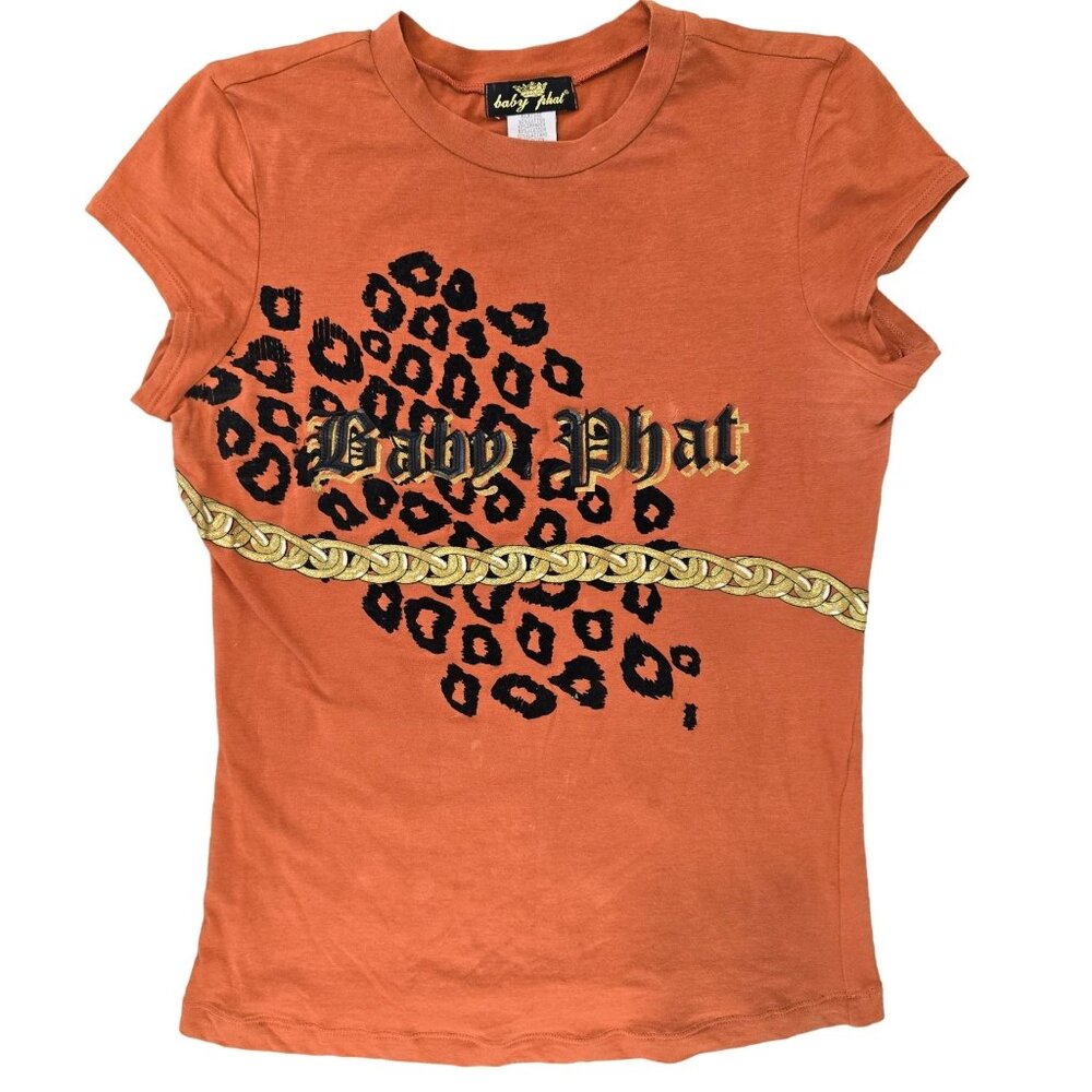 Baby phat 90s y2k Orange Graphic Tee Shirt With Leopard Print & Chain Detail L